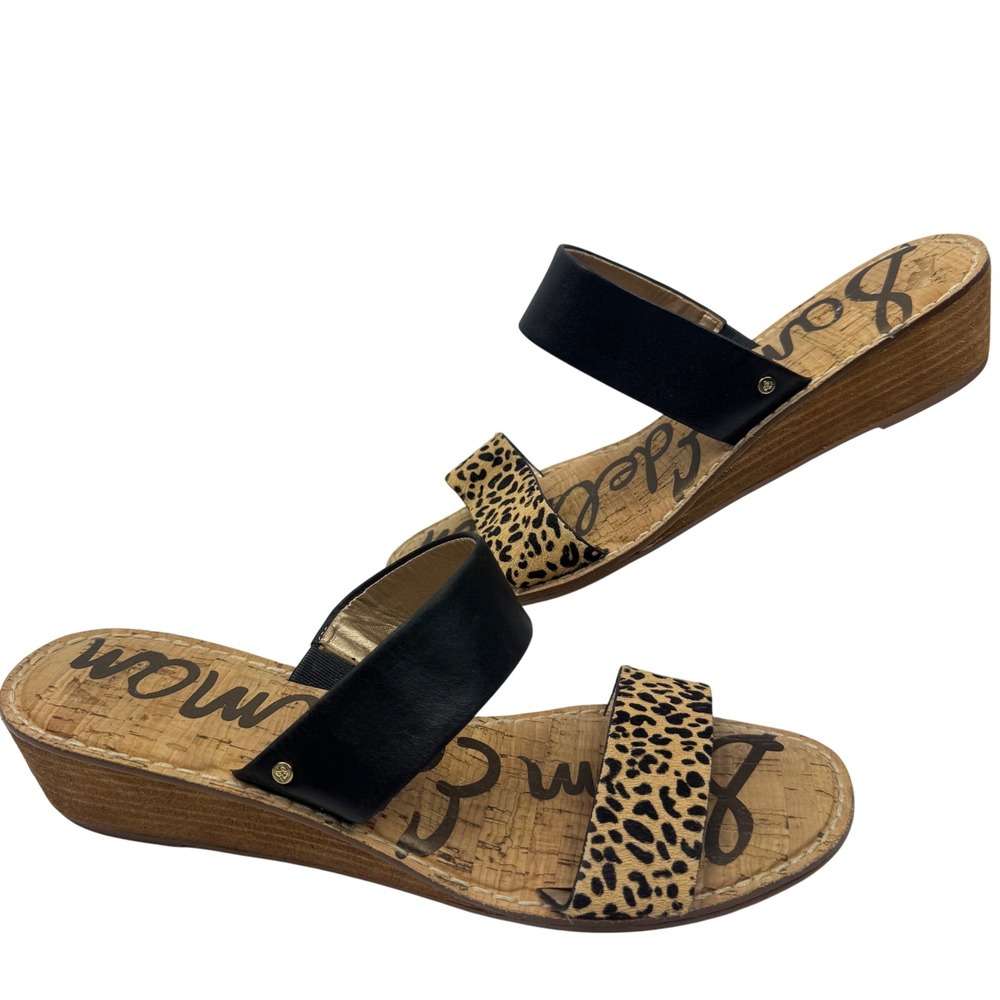 Sam Edelman Shellie Women Black Leather Leopard Calf Hair Wedge Sandals Size 10M